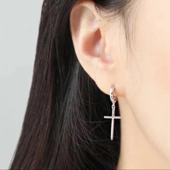 Jewelry - 925 STERLING SILVER CROSS HOOP EARRINGS, NICE EARRINGS, CUTE EARRINGS
